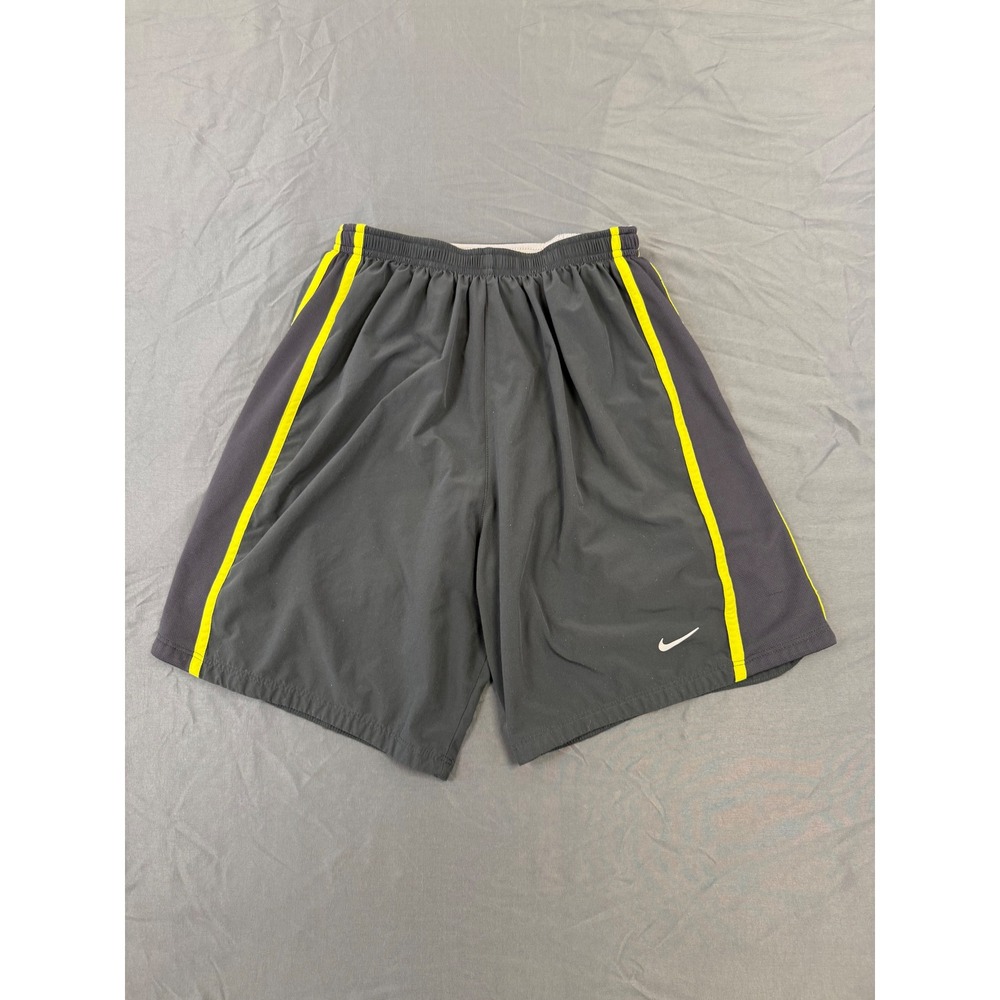 Nike Fit DRY Mens Small Running Shorts Grey Neon Yellow Stripe Zipper Pocket 7in